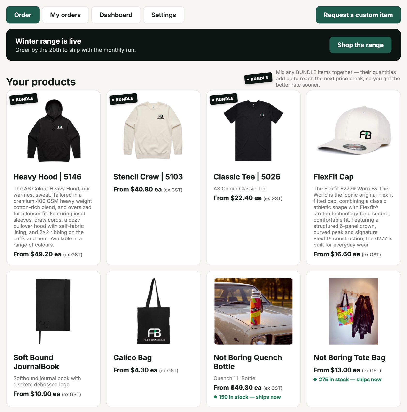 A live Merch Hub store: branded hoodies, tees, caps, bags and bottles ready to order